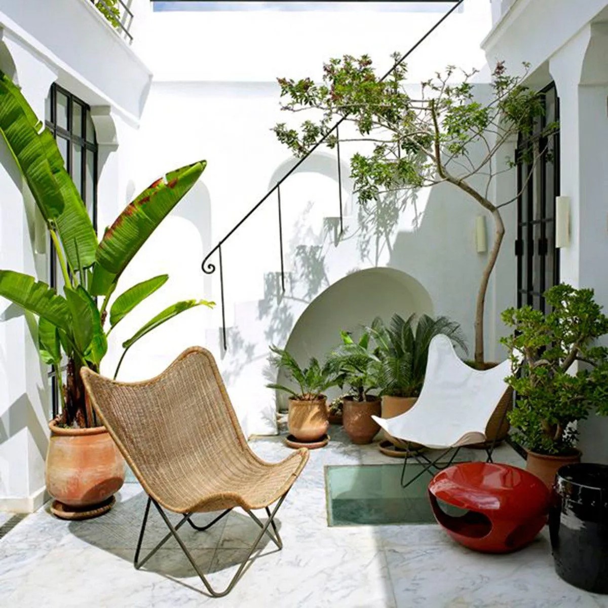 Patio avec chaises de jardin, plantes vertes, cour carrée blanche